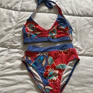 VENUS Red & Blue Floral Halter Bikini Set